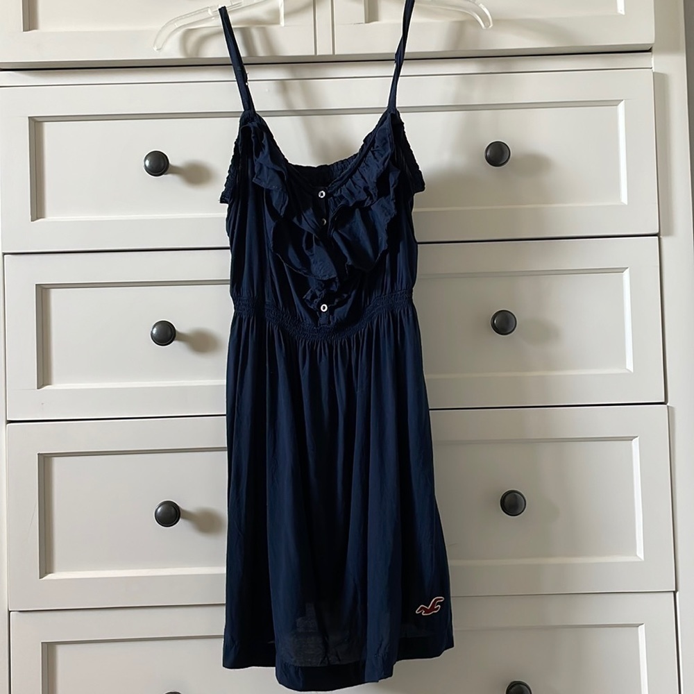 Hollister Womenโs Dark Blue Ruffled Cotton Dress w/ Adjustable Straps - Small